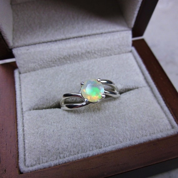 Faceted 6mm Genuine Opal Ring: Round Solitaire, Sterling Silver or Gold