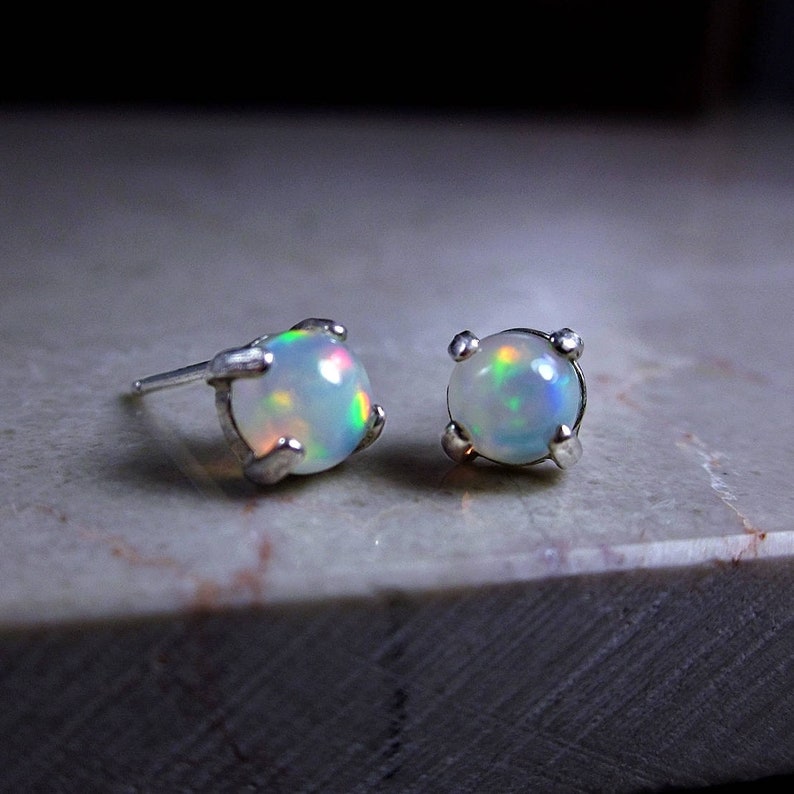 Round Opal Earrings Genuine Fire Opal Stud Earrings Gemstone Stud Earrings Dainty Stud Earrings Best Stud Earrings Rainbow Opal Studs