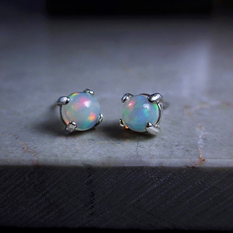 Genuine Fire Opal Stud Earrings Round Opal Earrings Rainbow | Etsy