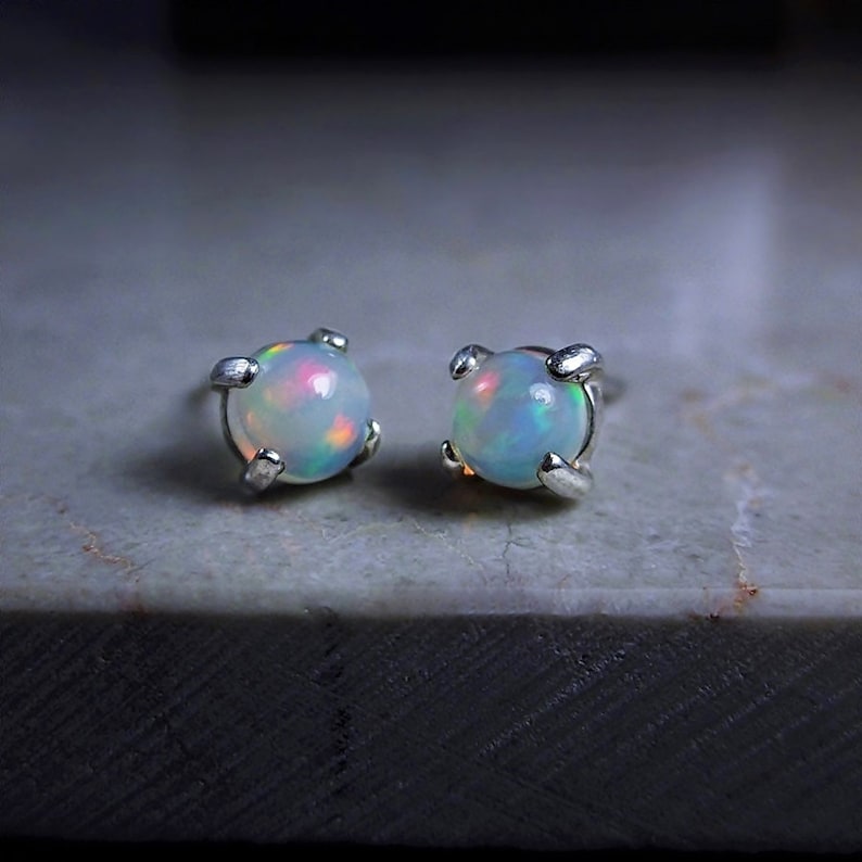 Round Opal Earrings Genuine Fire Opal Stud Earrings Gemstone Stud Earrings Dainty Stud Earrings Best Stud Earrings Rainbow Opal Studs