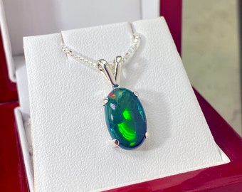 3 Carat Genuine Large Black Opal Necklace in 925 Sterling Silver, STUNNING Vibrant Colorful Rainbow Opal Cabochon Pendant, Opal Anniversary