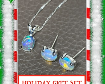 Conjunto de regalo de joyería de ópalo: collar y pendientes de plata de ley