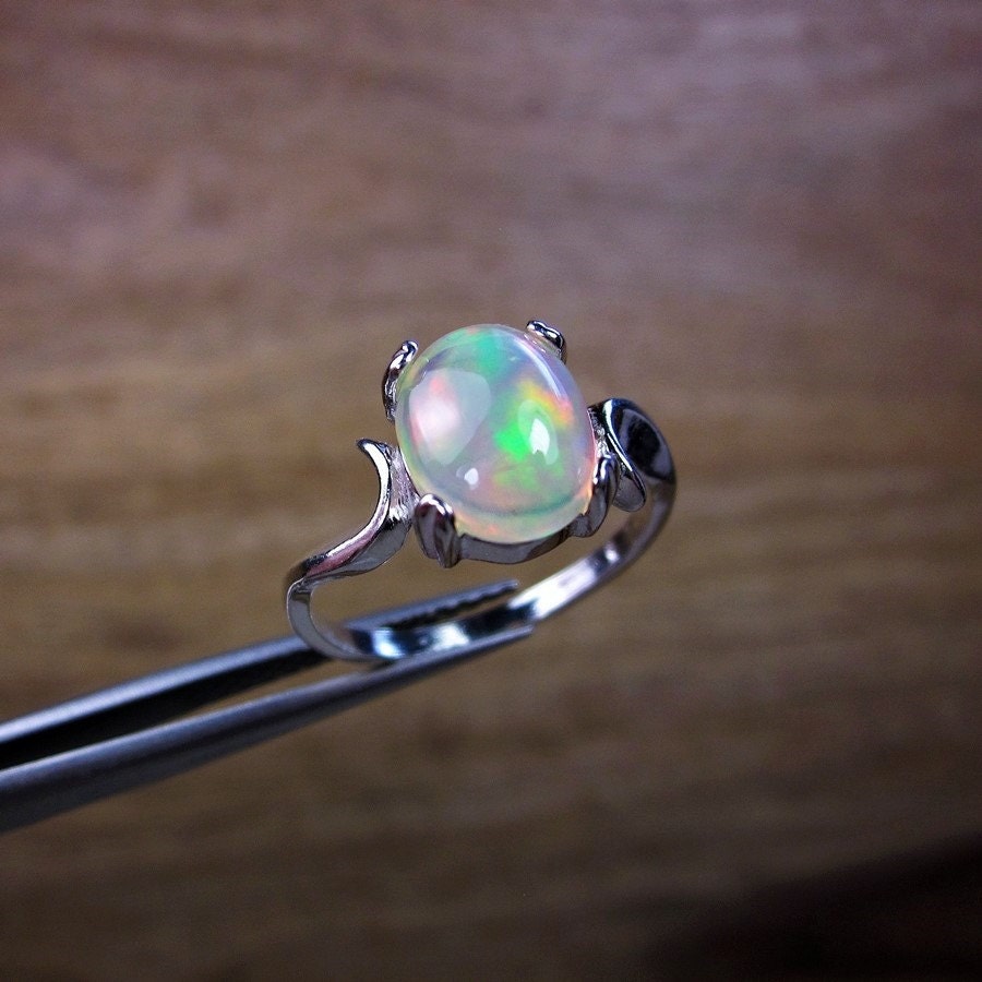White Colorful Cabochon Opal Ring: 2 Carat Gemstone, Sterling Silver ...