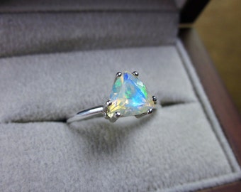 Natural Precious Opal Ring, Triangle Solitaire, Triangle Ring, Trillion Ring, Gemstone Ring, Promise Ring, Faceted Gemstone Ring