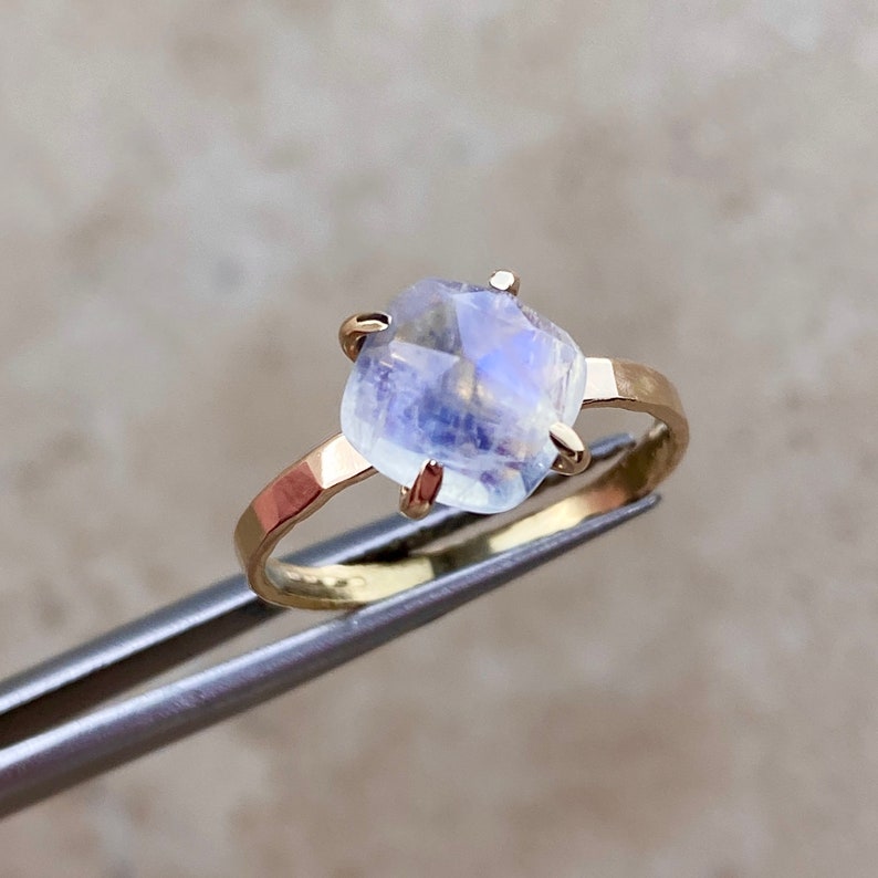 Large, sizable Beautiful Sparkling Genuine Moonstone ring boasts a generous, 2.5 carat high quality cushion rose cut Moonstone gemstone that measures 8mm by 8mm in size
