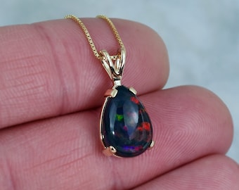 Black Opal Pendant Necklace: 10k Gold Pear Solitaire, October Birthstone, Black Opal Jewelry