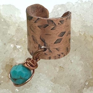 Handcrafted Copper Boho Ear Cuff with Arizona Turquoise, Unique Gypsy-Inspired Jewelry, Artisan Ear Cuff, Boho Gifts For Her Under 25
