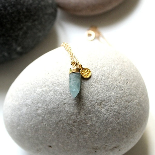 14k gold filled chain with aquamarine pendulum 14 mm pendant and small flower charm gold plated BALANCE strength happiness floral delicate lace fine