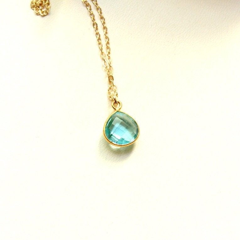 Delicate 14k gold filled chain with light blue quartz pendant 10 mm in drop shape AQUA LOVE Boho maritime beach ocean gift love fine