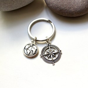 Keyring with compass and world amulet pendant maritime ocean travel friendship connection gift fine