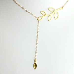 14k gold filled long chain with leaf branch 40 mm gold plated GOLDEN NATURE floral leaves branch nature boho ethno Y-chain leaf Y fine