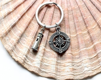 Schlüsselanhänger mit Kompass und Leuchtturm Anhänger MOIN MOIN maritim Ozean Wunsch Reise Strand Vintage Style schönes Geschenk fein