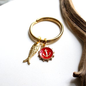 Keychain with gold-plated fish 23 mm and anchor amulet enamel MOIN MOIN maritime nautical beach ocean travel gift red blue fine