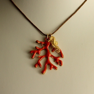 Jewelry cord with enameled coral pendant and golden seahorse BLUE LAGOON maritime beach ocean travel beautiful gift Boho fine