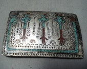 Tremendous Vintage Native American Navajo Turquoise Coral Singer Inlay Sterling Silver Buckle - Make An Offer