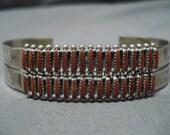 Intricate Vintage Native American Zuni Coral Needlepoint Sterling Silver Bracelet Old Cuff