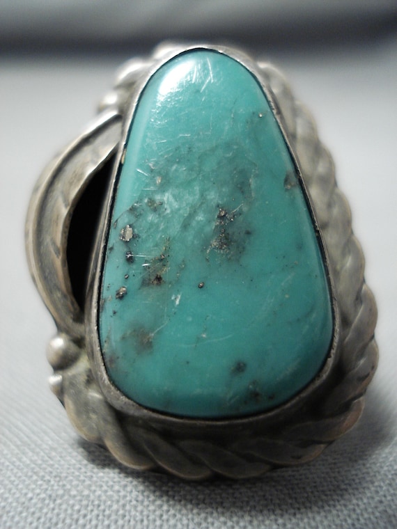 Amazing Vintage Native American Navajo Leaf Green Turquoise Sterling Silver Ring Old Amazing Vintage Native American Navajo Leaf Green Turquoise Sterling Silver Ring Old