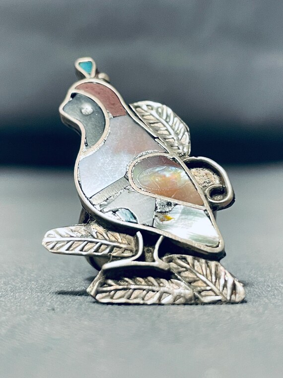 Intriguing Vintage Native American Zuni Turquoise Inlay Sterling Silver Quail Ring Intriguing Vintage Native American Zuni Turquoise Inlay Sterling Silver Quail Ring
