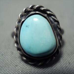 Amazing Early Vintage Native American Navajo Light Blue Turquoise Sterling Silver Bead Ring Old - Make An Offer!