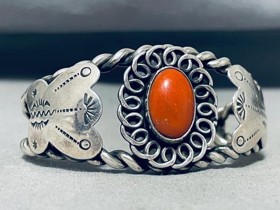 Heavy Coiled Coral Vintage Native American Navajo Sterling Silver Flank Bracelet Heavy Coiled Coral Vintage Native American Navajo Sterling Silver Flank Bracelet