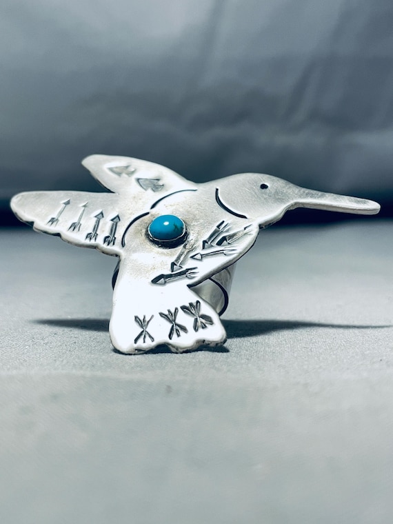 Expressive Native American Navajo Blue Gem Turquoise Sterling Silver Hummingbird Ring Expressive Native American Navajo Blue Gem Turquoise Sterling Silver Hummingbird Ring