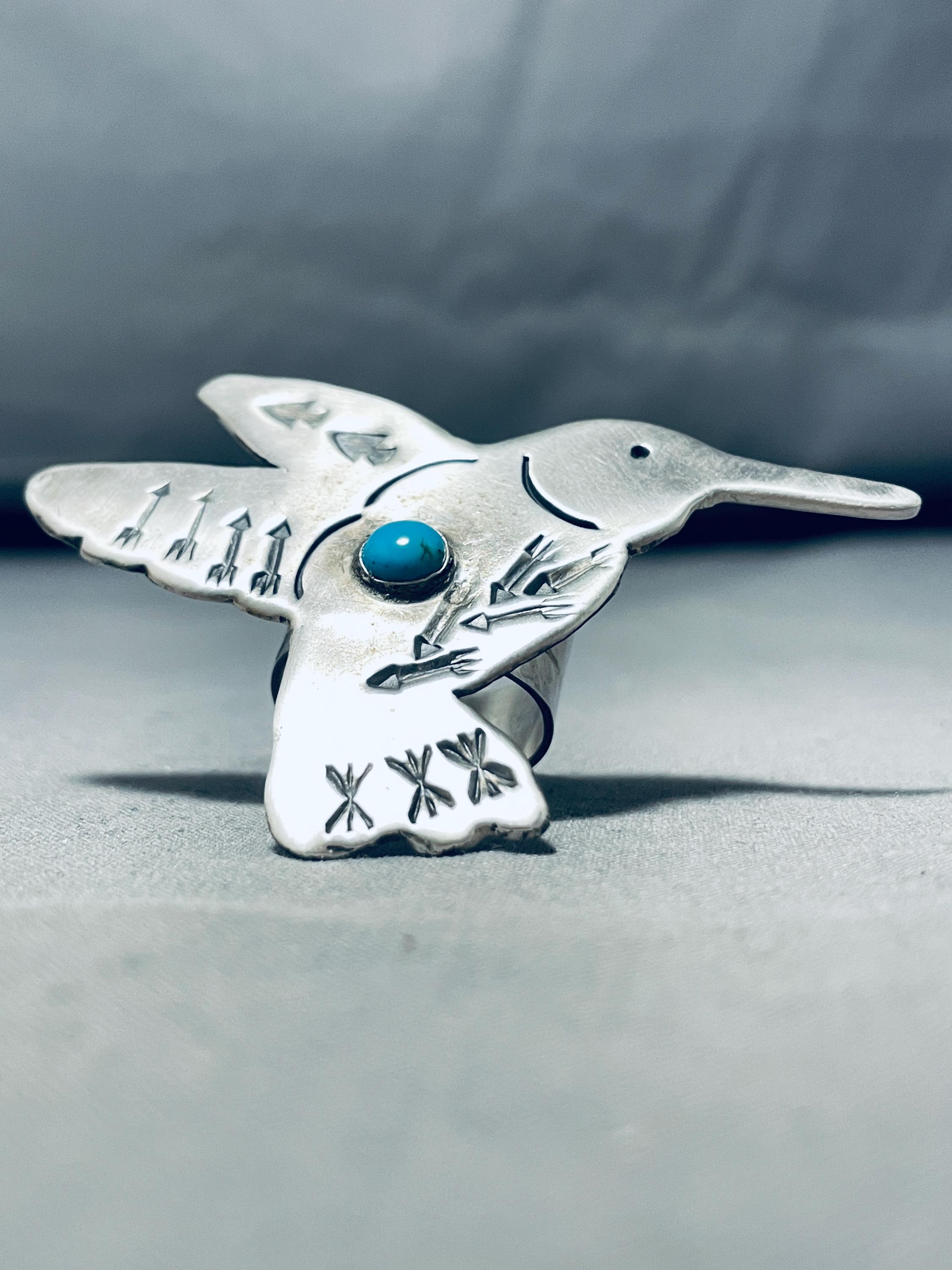 Expressive Native American Navajo Blue Gem Turquoise Sterling Silver Hummingbird Ring Expressive Native American Navajo Blue Gem Turquoise Sterling Silver Hummingbird Ring