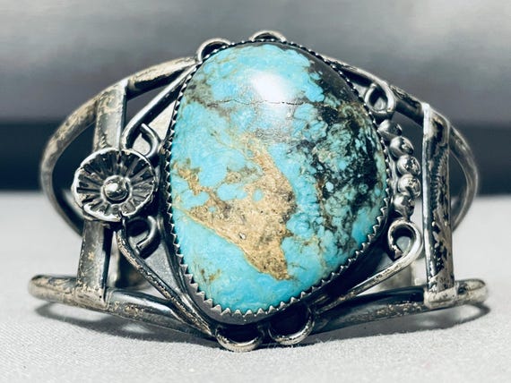 Important Vintage Native American Navajo Gilbert Turquoise Sterling Silver Bracelet Important Vintage Native American Navajo Gilbert Turquoise Sterling Silver Bracelet
