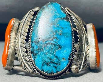 Eddie Beyuka Vintage Zuni Turquoise Coral Sterling Silver Bracelet - Make An Offer!