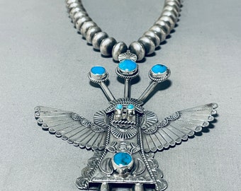 6 Inch Tall Mind Bending Native American Navajo Kachina Turquoise Sterling Silver Necklace - Make An Offer!