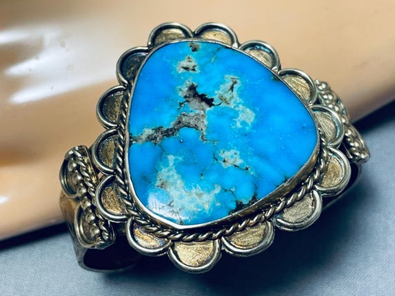 Very Rare Gold Vintage Native American Navajo Morenci Turquoise Sterling Silver Bracelet Very Rare Gold Vintage Native American Navajo Morenci Turquoise Sterling Silver Bracelet