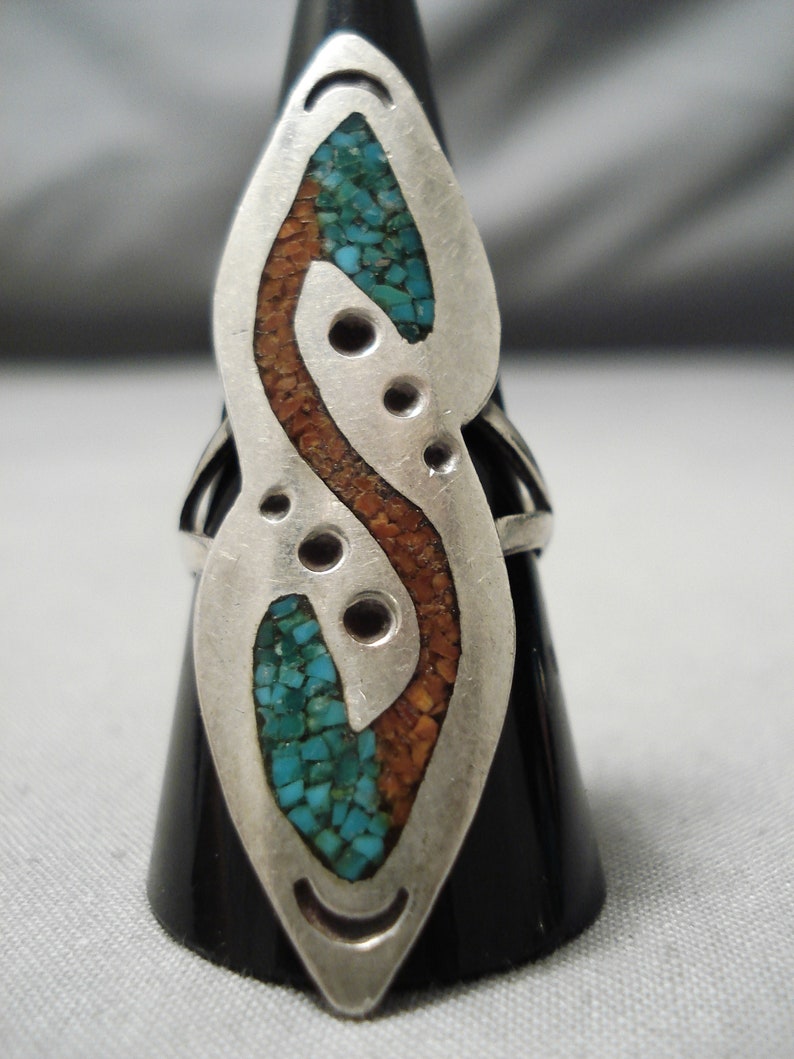 Make An Offer! Wonderful Vintage Native American Navajo Turquoise Coral Sterling Silver Ring