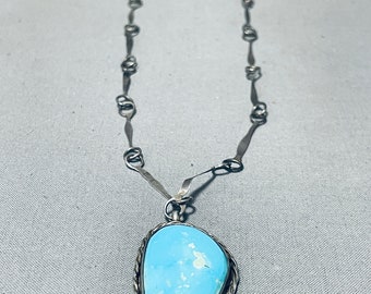 Unique Handmade Chain Vintage Native American Navajo Turquoise Sterling Silver Necklace - Make An Offer!