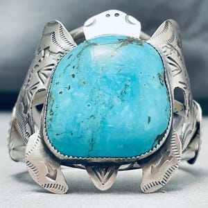 Remarkable Navajo/ Sioux Turtle Turquoise Sterling Silver Signed Bracelet - Make An Offer!
