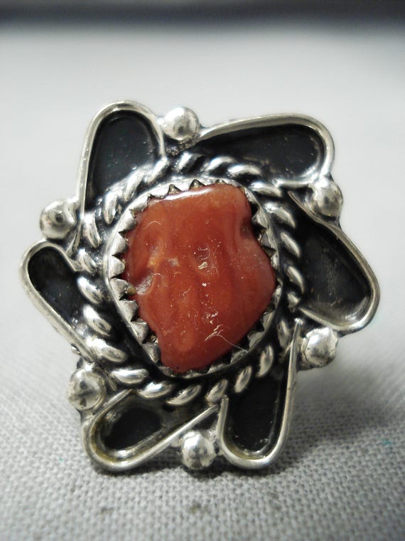 Chunky Coral Twisted Sterling Silver Vintage Native American Navajo Ring Chunky Coral Twisted Sterling Silver Vintage Native American Navajo Ring