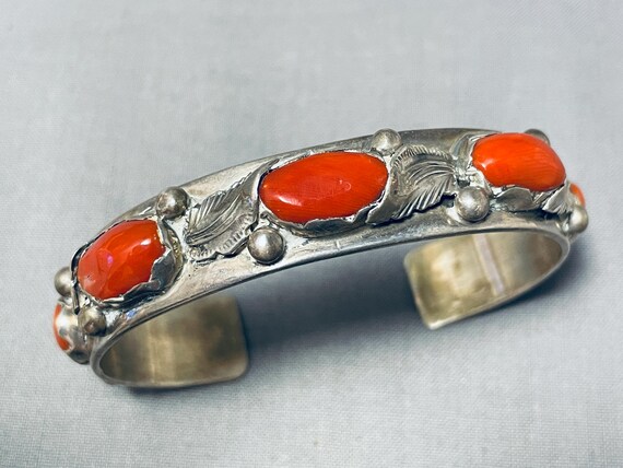Rare Vintage Native American Zuni Simplicio Coral Sterling Silver Leaf Bracelet Rare Vintage Native American Zuni Simplicio Coral Sterling Silver Leaf Bracelet