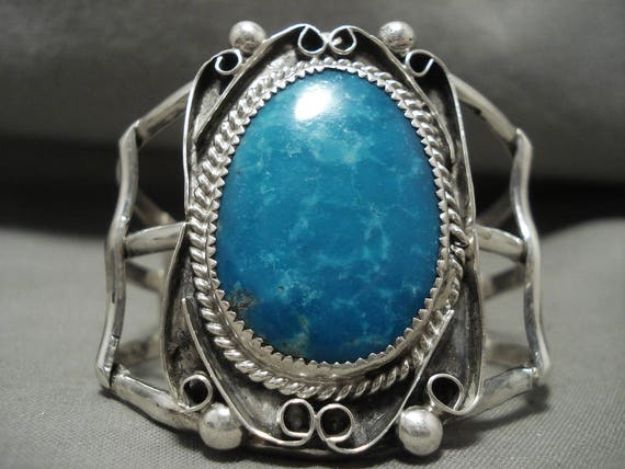 Ocean Blue Turquoise Vintage Navajo Silver Bracel… - image 1