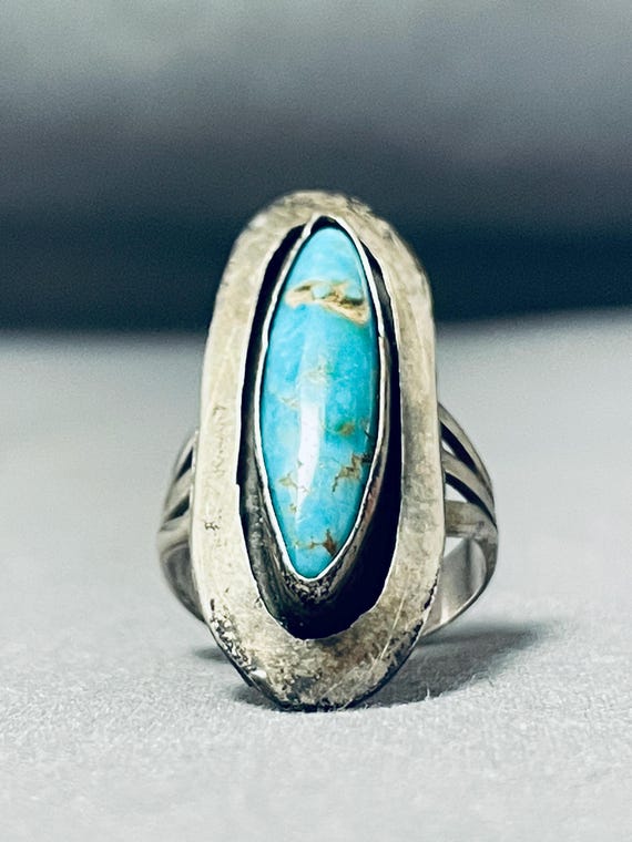 Wonderful Vintage Native American Navajo Pilot Mountain Turquoise Sterling Silver Ring Wonderful Vintage Native American Navajo Pilot Mountain Turquoise Sterling Silver Ring
