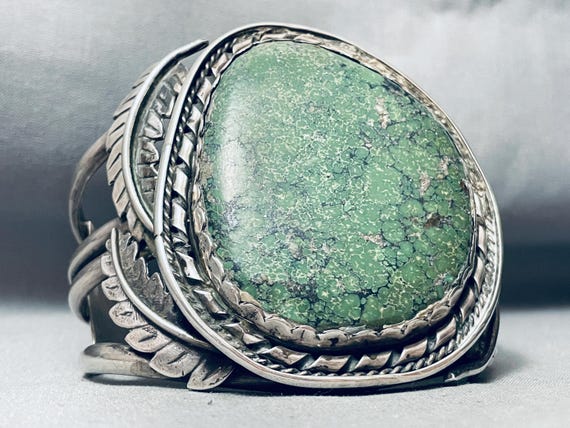 One Of The Largest Best Vintage Native American Navajo Green Turquoise Sterling Silver Bracelet - Make An Offer! View 3