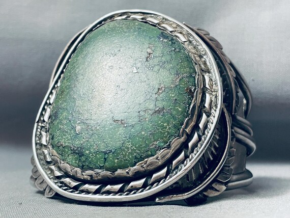 One Of The Largest Best Vintage Native American Navajo Green Turquoise Sterling Silver Bracelet - Make An Offer! View 4