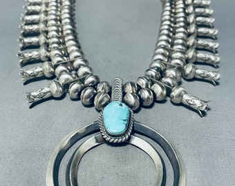 229 Gram Dropdead Fab Native American Navajo Turquoise Sterling Silver Squash Blossom Necklace - Make An Offer!