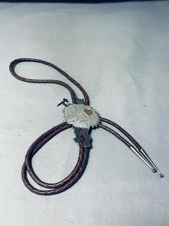 Signed Tremendous Vintage Native American Navajo Sterling Silver & 14k Gold Bolo Signed Tremendous Vintage Native American Navajo Sterling Silver & 14k Gold Bolo