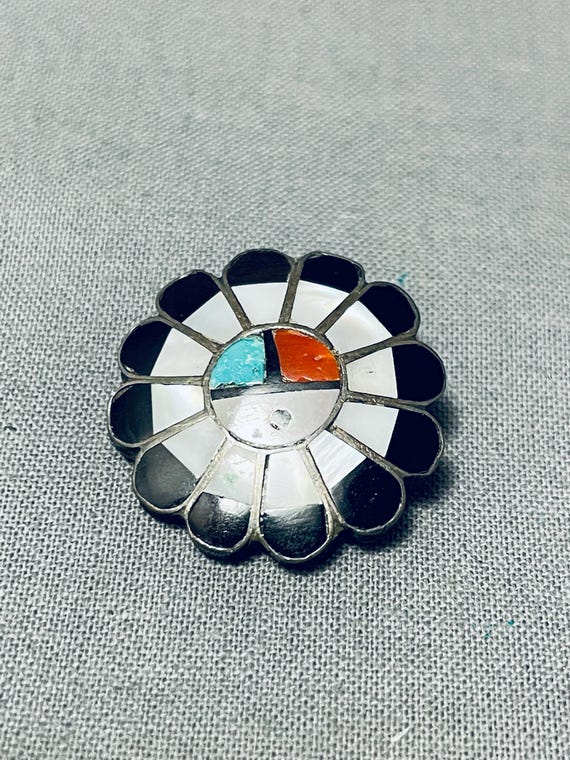 Cute Authentic Older Vintage Native American Zuni Turquoise Coral Sterling Silver Pin Old Cute Authentic Older Vintage Native American Zuni Turquoise Coral Sterling Silver Pin Old