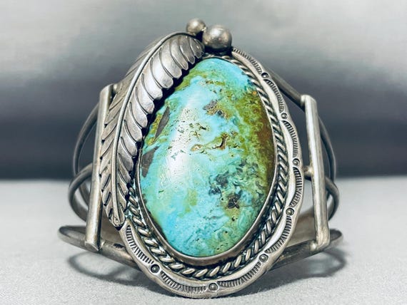 Rare Squared Green Turquoise Vintage Native American Navajo Sterling Silver Flank Bracelet Rare Squared Green Turquoise Vintage Native American Navajo Sterling Silver Flank Bracelet