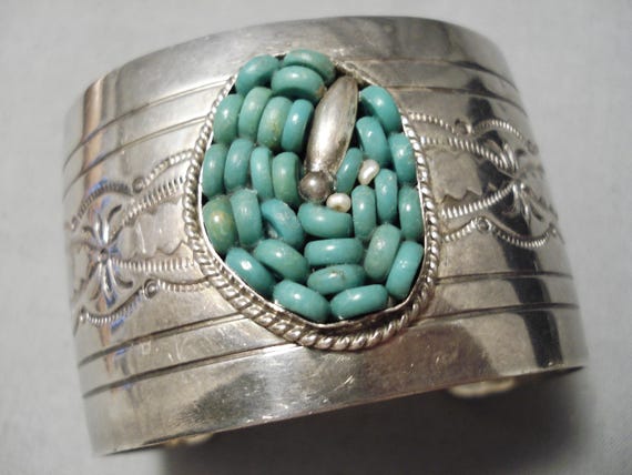 Very Unique Vintage Native American Navajo Raymond D Turquoise Inlay Sterling Silver Bracelet Very Unique Vintage Native American Navajo Raymond D Turquoise Inlay Sterling Silver Bracelet