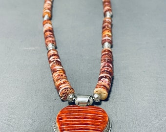 Vibrante collar de corazón de plata de ley con concha de ostra espinosa navajo nativo americano - ¡Haga una oferta!