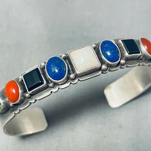 Pat Yazzie Colorful Native American Navajo Coral Gaspeite Lapis Jet Sterling Silver Bracelet Pat Yazzie Colorful Native American Navajo Coral Gaspeite Lapis Jet Sterling Silver Bracelet