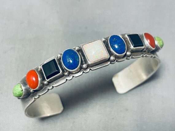 Pat Yazzie Colorful Native American Navajo Coral Gaspeite Lapis Jet Sterling Silver Bracelet Pat Yazzie Colorful Native American Navajo Coral Gaspeite Lapis Jet Sterling Silver Bracelet