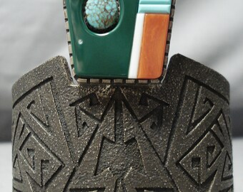 Important Vintage Native American Navajo Richard Tsosie Turquoise Sterling Silver Inlay Bracelet - Make An Offer!