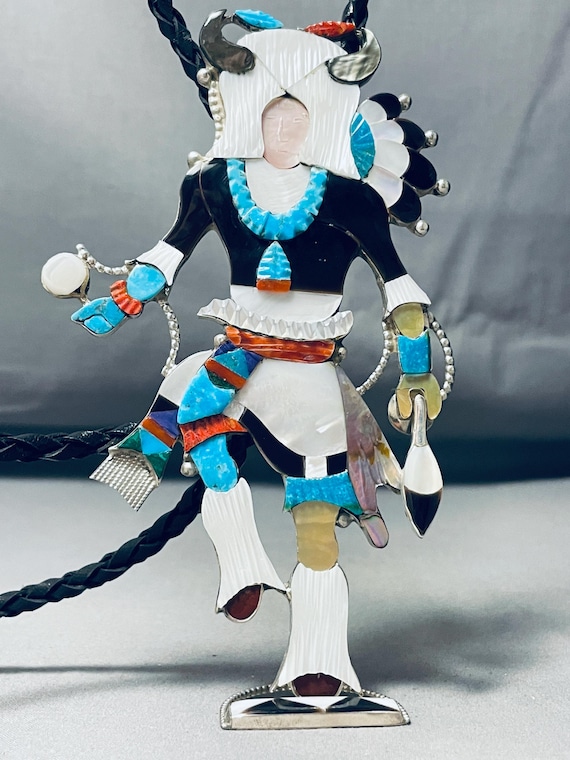 Six Inch Tall Native American Zuni Turquoise Sterling Silver Bolo Tie Statue With Stand Six Inch Tall Native American Zuni Turquoise Sterling Silver Bolo Tie Statue With Stand