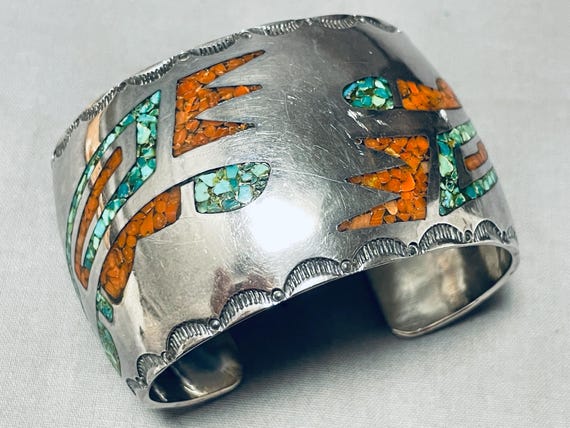 Sturdy Vintage Native American Navajo Turquoise Coral Kachina Sterling Silver Bracelet Sturdy Vintage Native American Navajo Turquoise Coral Kachina Sterling Silver Bracelet